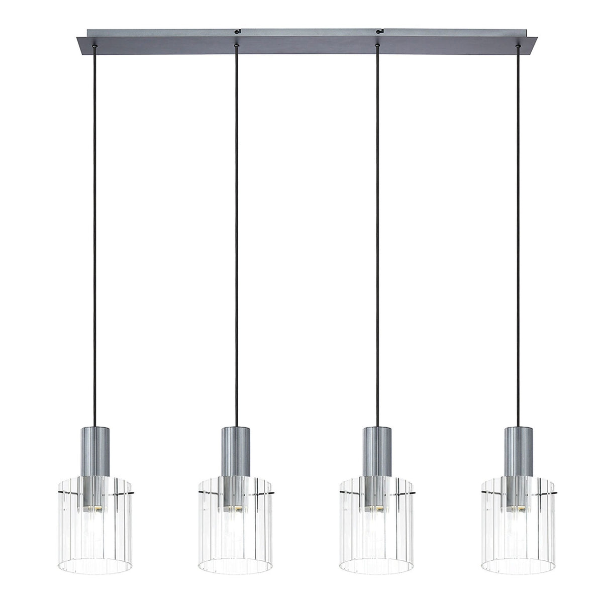 Four hanging lights with ribbed glass shades, viewed from a straight angle on a white background.