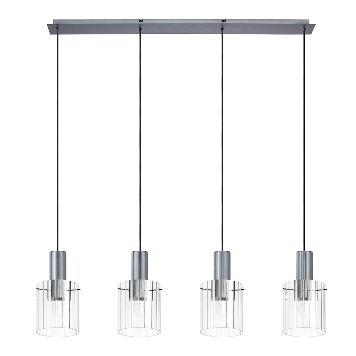 Four hanging lights with ribbed glass shades, viewed from a straight angle on a white background.