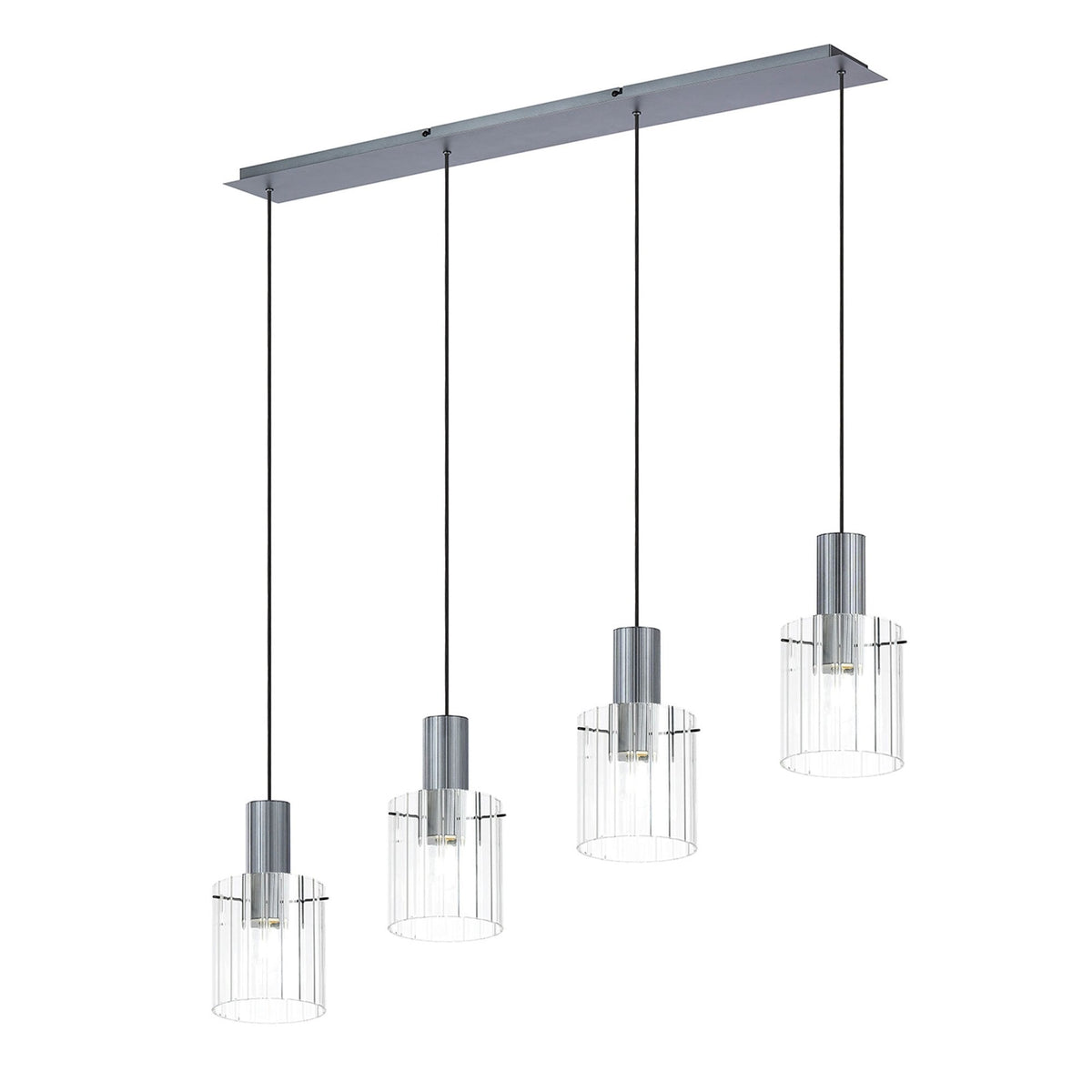 Four hanging lights with ribbed glass shades, viewed from an angle on a white background.