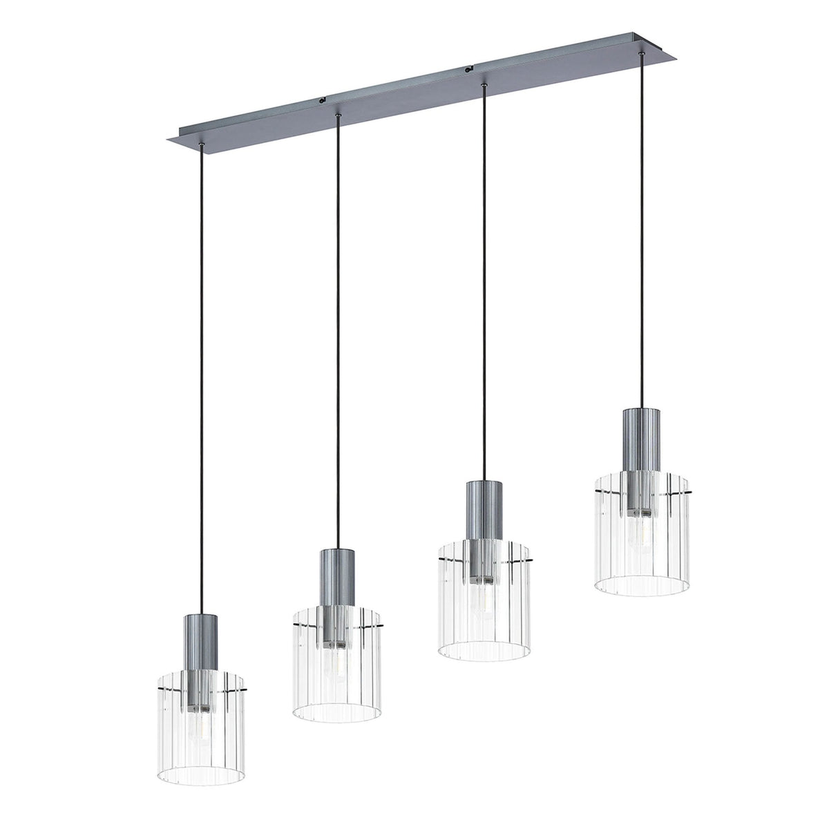 Four hanging lights with ribbed glass shades, viewed from an angle on a white background.