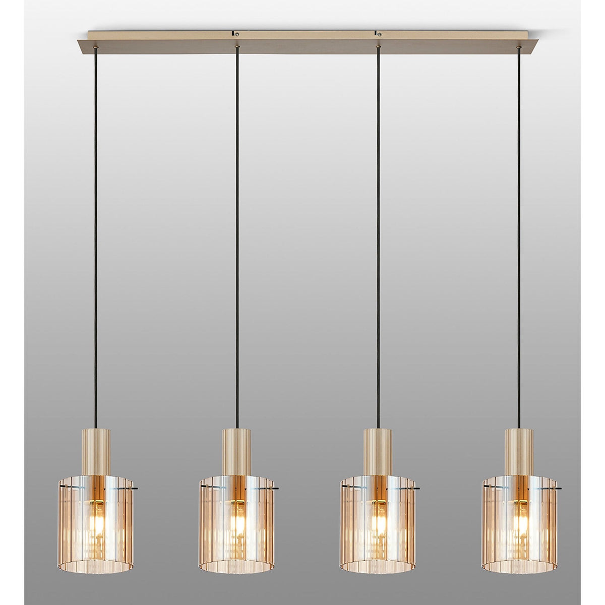 Belstone Wide Ribbed Four Drop Linear Pendant in Light Gold with Amber Glass