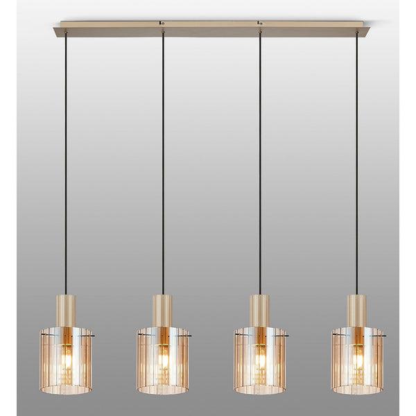 Belstone Wide Ribbed Four Drop Linear Pendant in Light Gold with Amber Glass