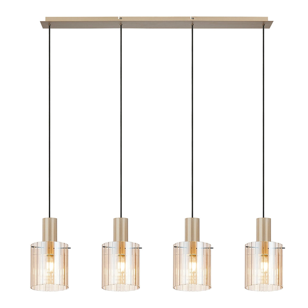 Belstone Wide Ribbed Four Drop Linear Pendant in Light Gold with Amber Glass
