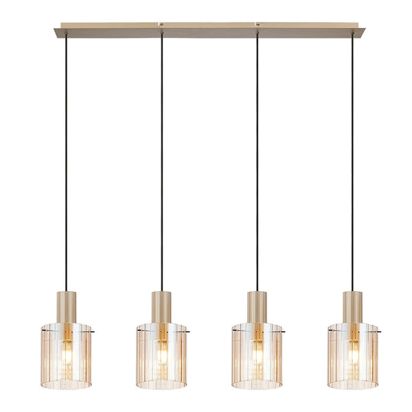 Belstone Wide Ribbed Four Drop Linear Pendant in Light Gold with Amber Glass