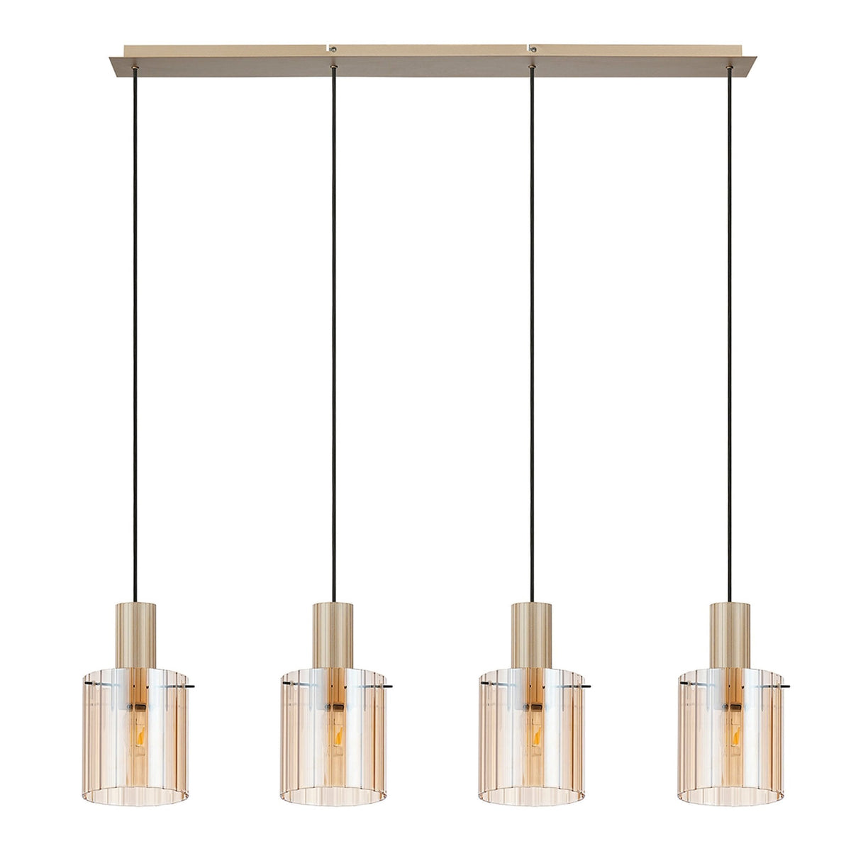Belstone Wide Ribbed Four Drop Linear Pendant in Light Gold with Amber Glass