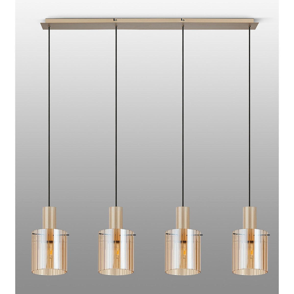 Belstone Wide Ribbed Four Drop Linear Pendant in Light Gold with Amber Glass