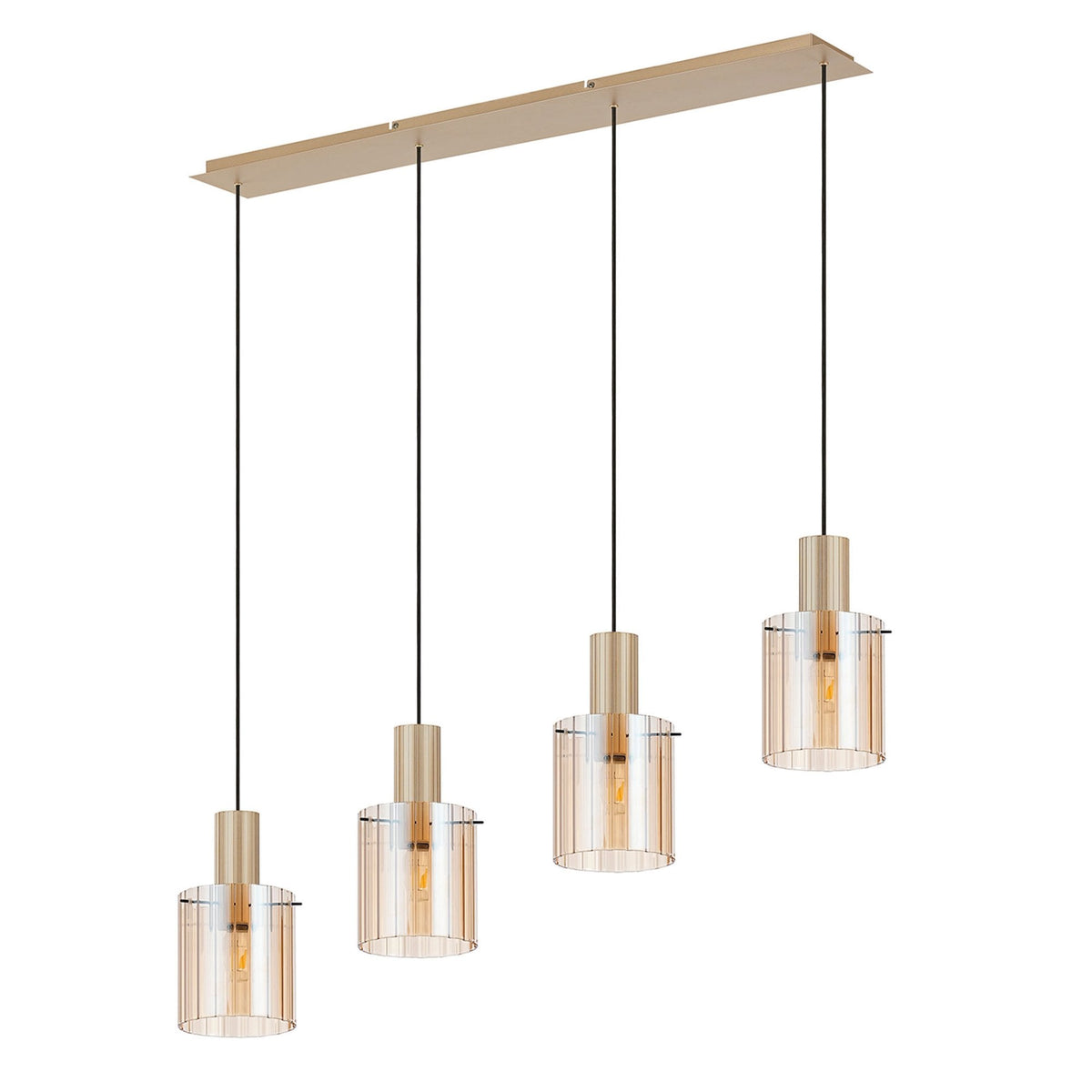 Belstone Wide Ribbed Four Drop Linear Pendant in Light Gold with Amber Glass