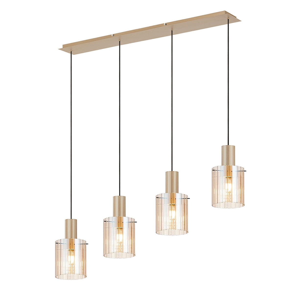 Belstone Wide Ribbed Four Drop Linear Pendant in Light Gold with Amber Glass