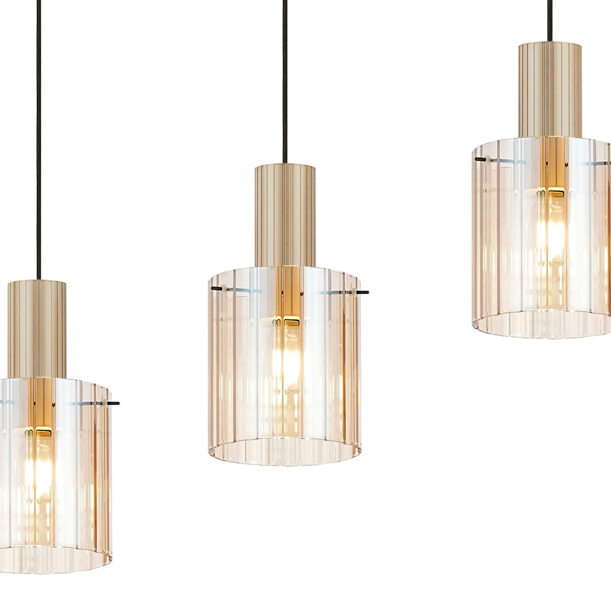 Belstone Wide Ribbed Four Drop Linear Pendant in Light Gold with Amber Glass