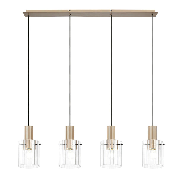 Belstone Wide Ribbed Four Drop Linear Pendant in Light Gold with Clear Glass