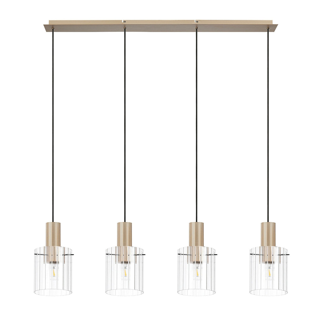 Belstone Wide Ribbed Four Drop Linear Pendant in Light Gold with Clear Glass