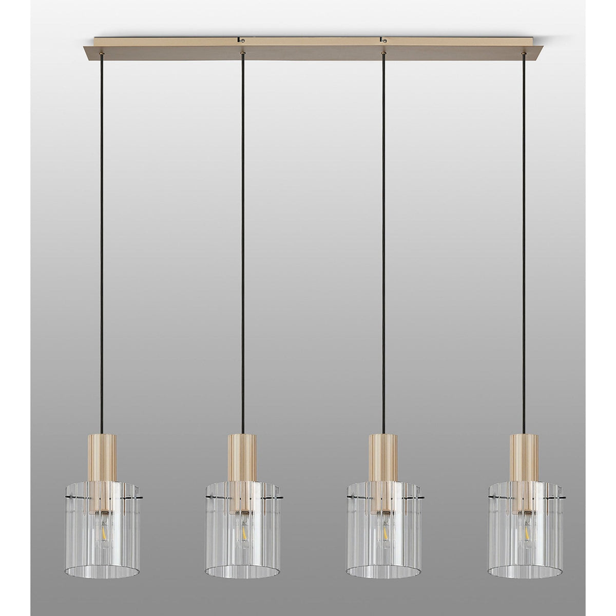 Belstone Wide Ribbed Four Drop Linear Pendant in Light Gold with Clear Glass