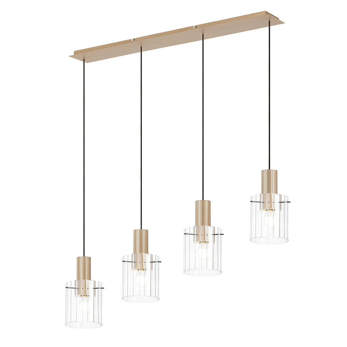 Belstone Wide Ribbed Four Drop Linear Pendant in Light Gold with Clear Glass