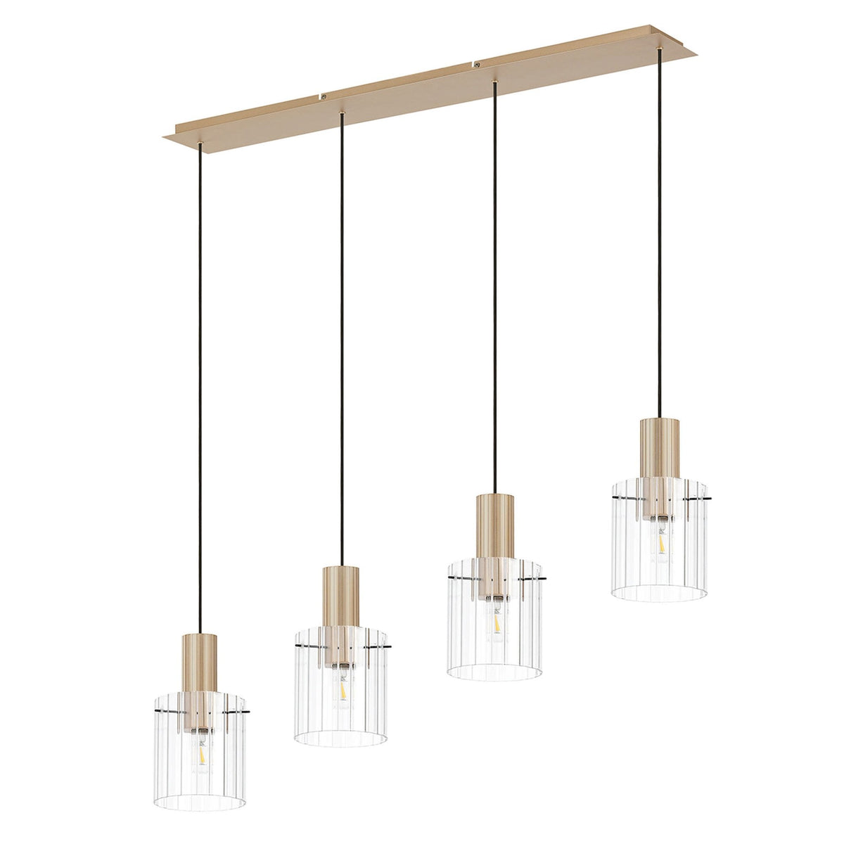 Belstone Wide Ribbed Four Drop Linear Pendant in Light Gold with Clear Glass