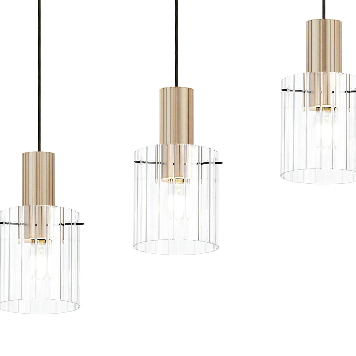 Belstone Wide Ribbed Four Drop Linear Pendant in Light Gold with Clear Glass