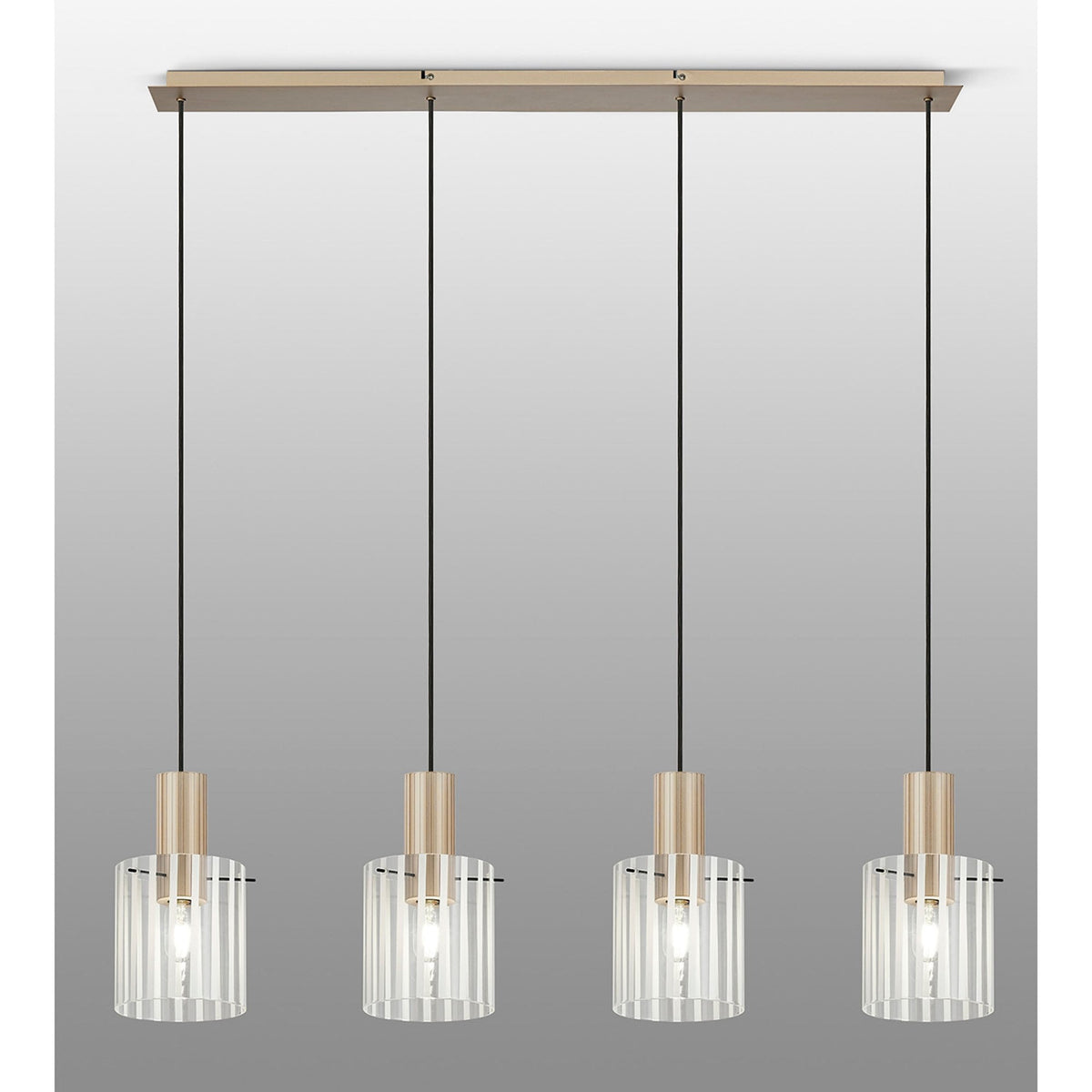 Belstone Wide Ribbed Four Drop Linear Pendant in Light Gold with Frosted & Clear Glass
