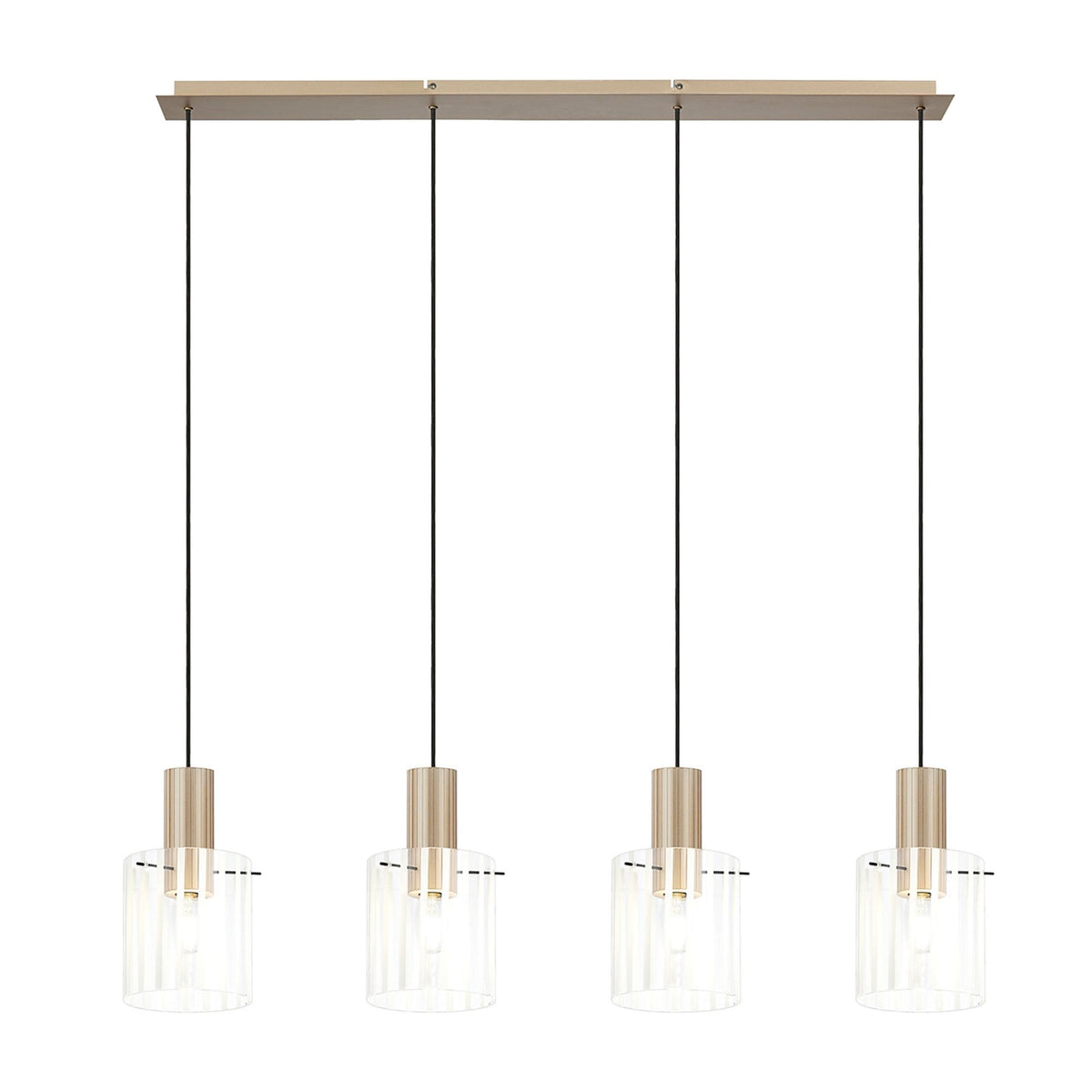 Belstone Wide Ribbed Four Drop Linear Pendant in Light Gold with Frosted & Clear Glass