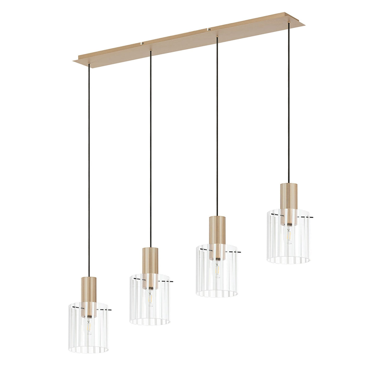 Belstone Wide Ribbed Four Drop Linear Pendant in Light Gold with Frosted & Clear Glass