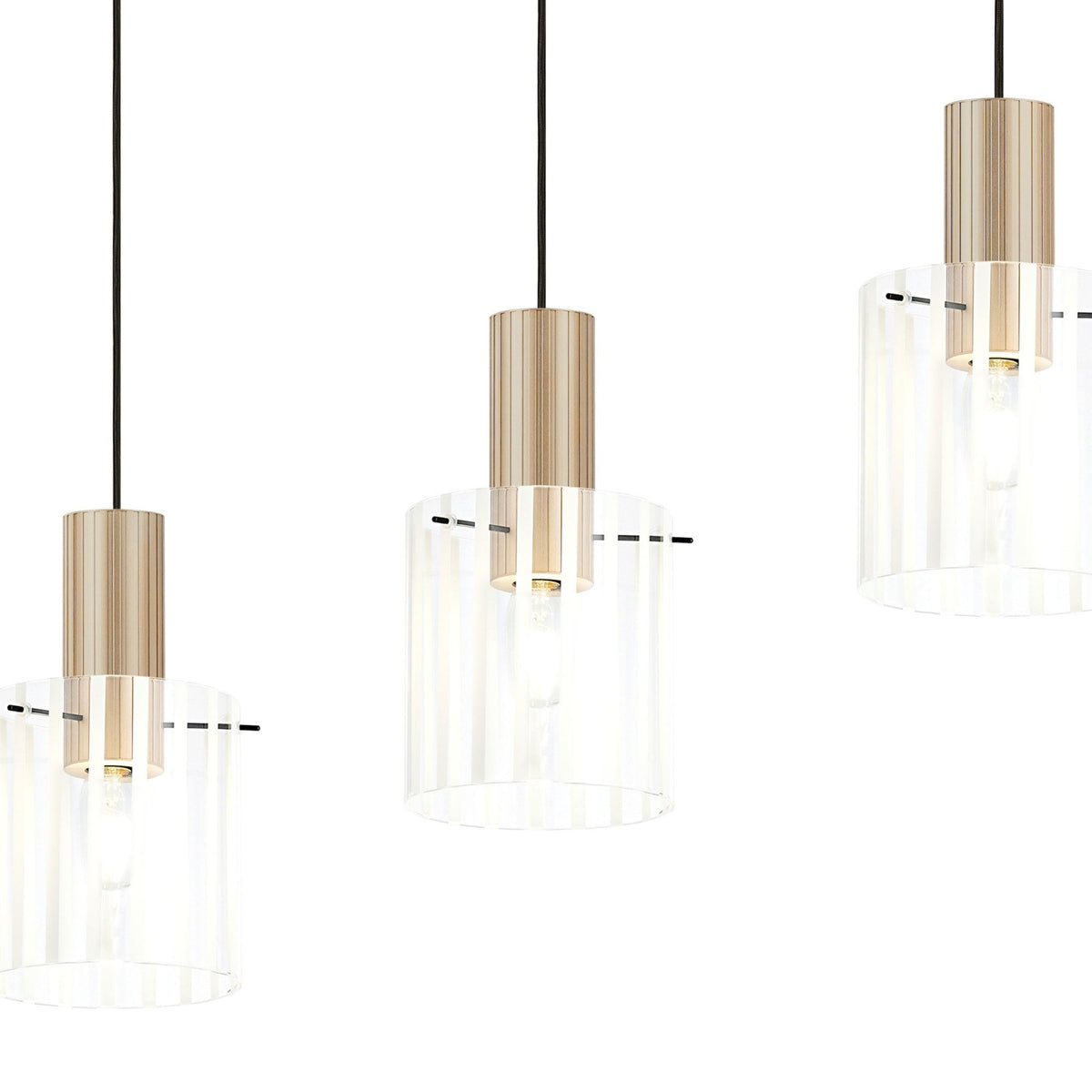 Belstone Wide Ribbed Four Drop Linear Pendant in Light Gold with Frosted & Clear Glass