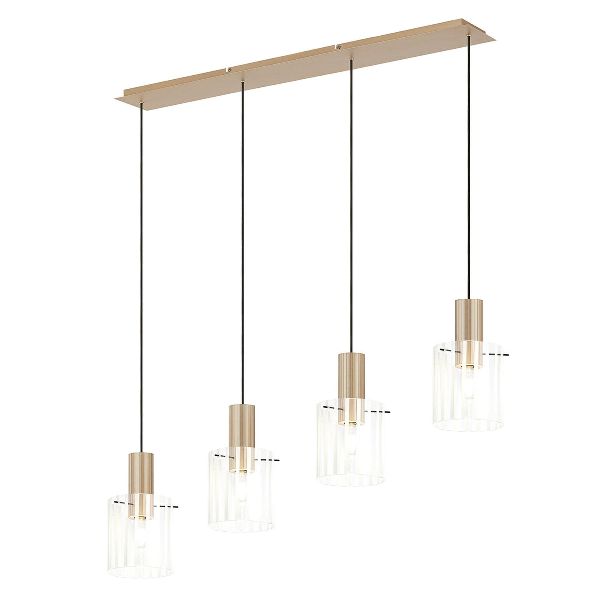 Belstone Wide Ribbed Four Drop Linear Pendant in Light Gold with Frosted & Clear Glass