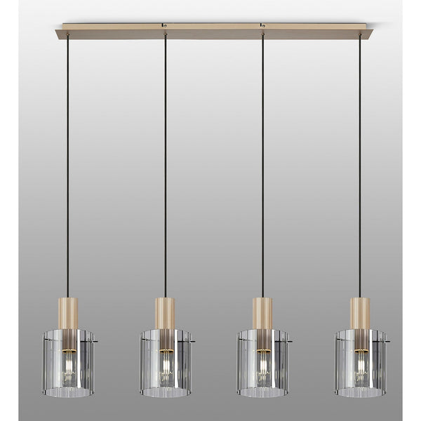 Belstone Wide Ribbed Four Drop Linear Pendant in Light Gold with Smoke Glass