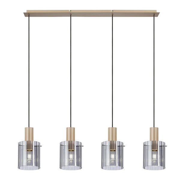 Belstone Wide Ribbed Four Drop Linear Pendant in Light Gold with Smoke Glass