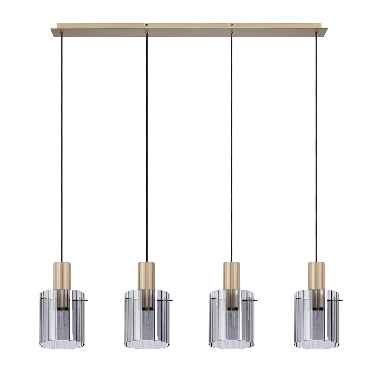 Belstone Wide Ribbed Four Drop Linear Pendant in Light Gold with Smoke Glass