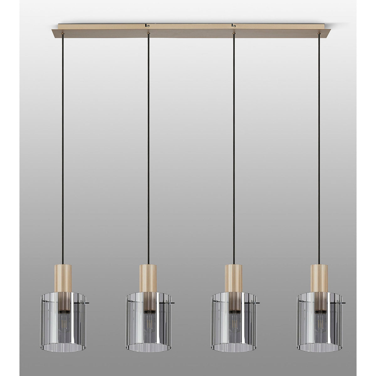 Belstone Wide Ribbed Four Drop Linear Pendant in Light Gold with Smoke Glass