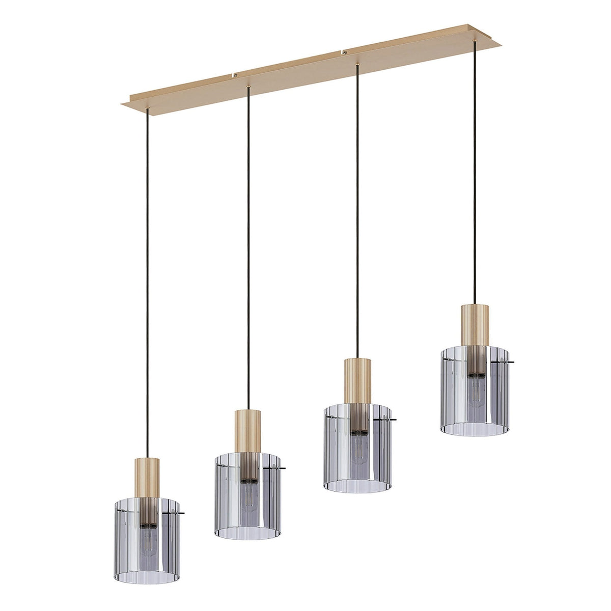 Belstone Wide Ribbed Four Drop Linear Pendant in Light Gold with Smoke Glass