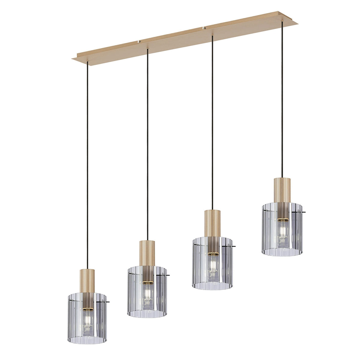 Belstone Wide Ribbed Four Drop Linear Pendant in Light Gold with Smoke Glass