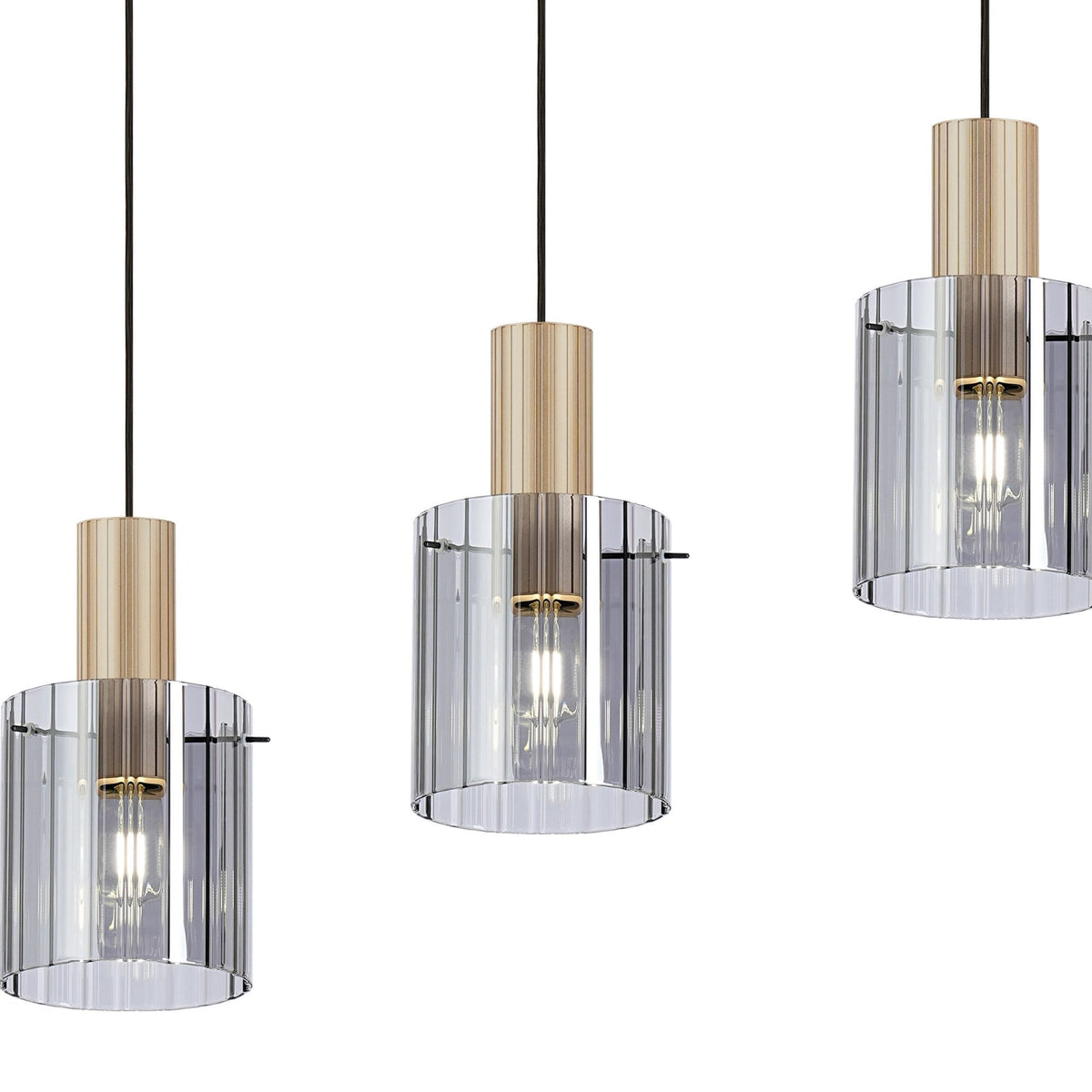 Belstone Wide Ribbed Four Drop Linear Pendant in Light Gold with Smoke Glass