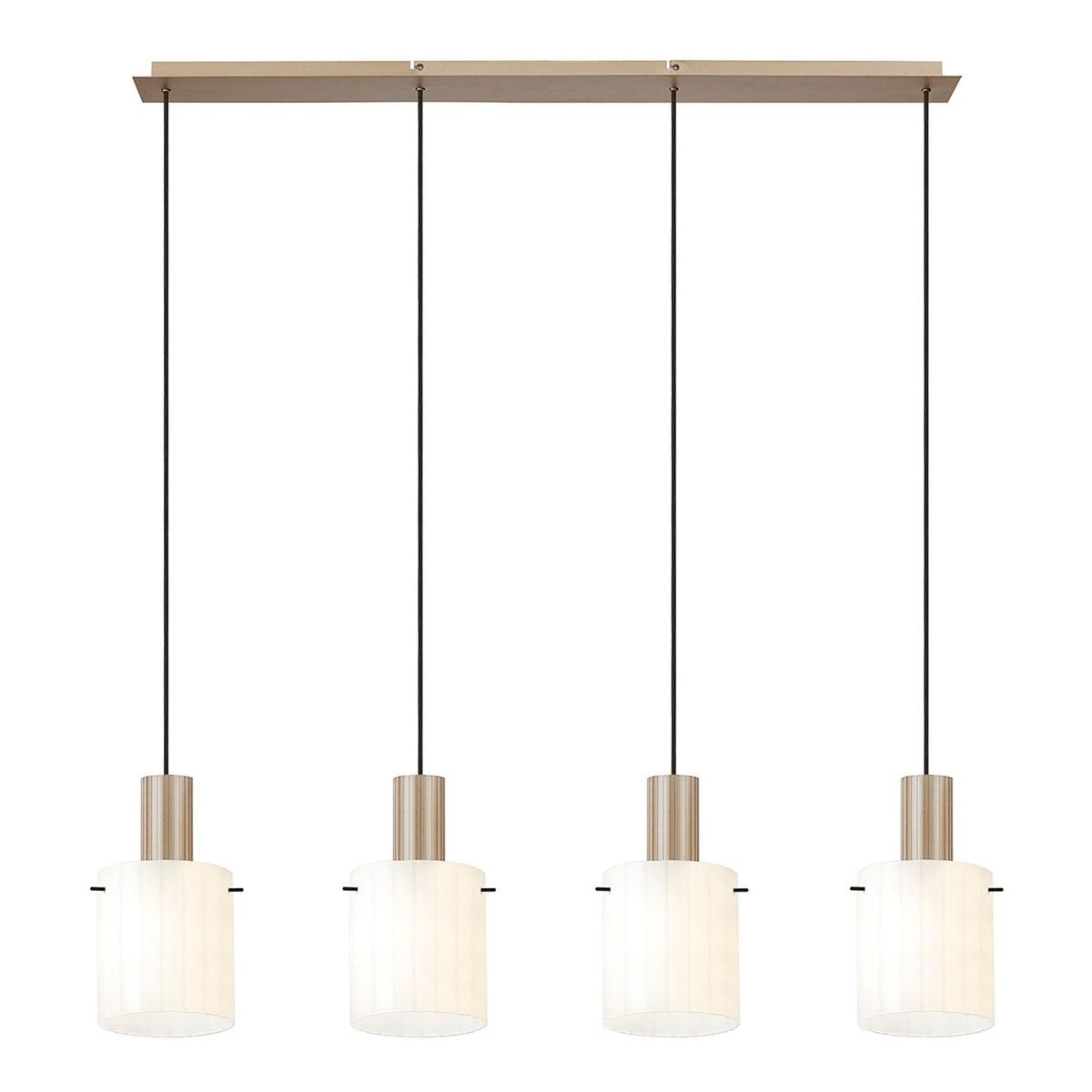 Belstone Wide Ribbed Four Drop Linear Pendant in Light Gold with Gloss White Glass