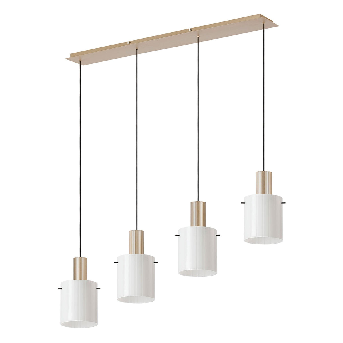 Belstone Wide Ribbed Four Drop Linear Pendant in Light Gold with Gloss White Glass