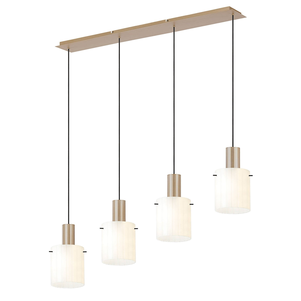 Belstone Wide Ribbed Four Drop Linear Pendant in Light Gold with Gloss White Glass
