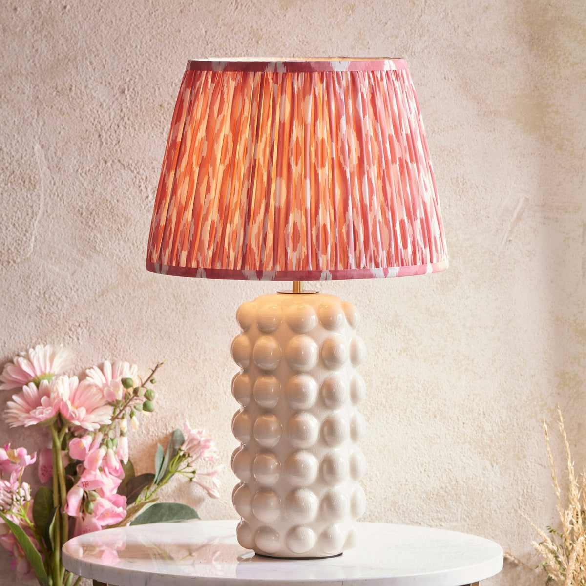 Bobble Ceramic Table Lamp in Gloss White with Ikat 35cm Coral Pink Shade