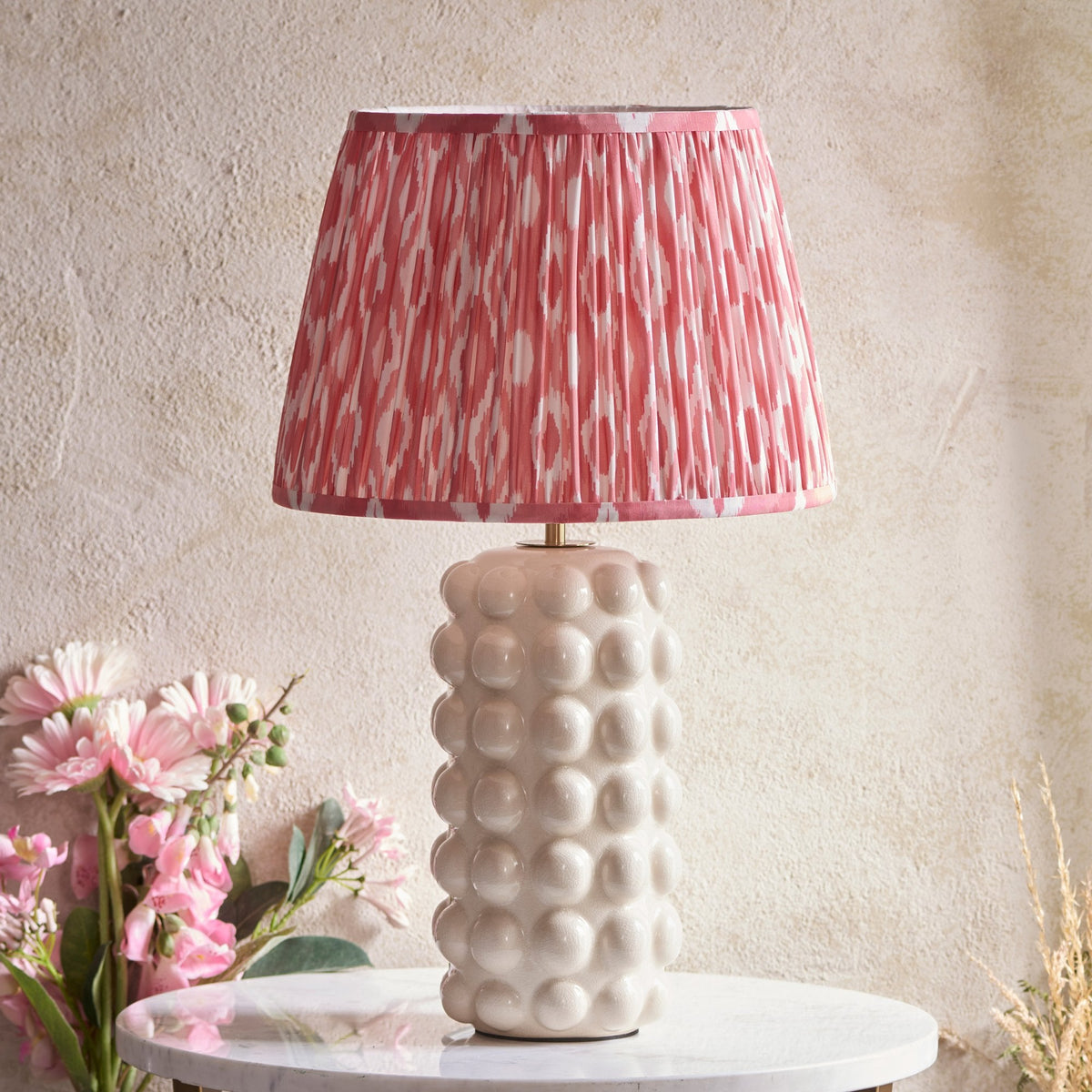 Bobble Ceramic Table Lamp in Gloss White with Ikat 35cm Coral Pink Shade