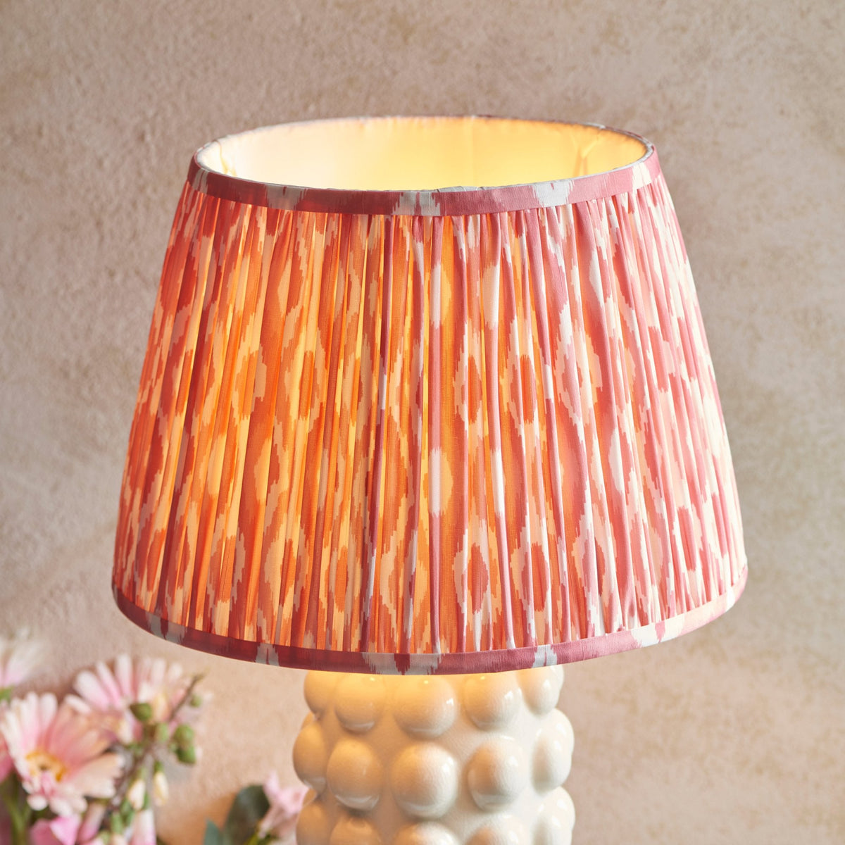 Bobble Ceramic Table Lamp in Gloss White with Ikat 35cm Coral Pink Shade
