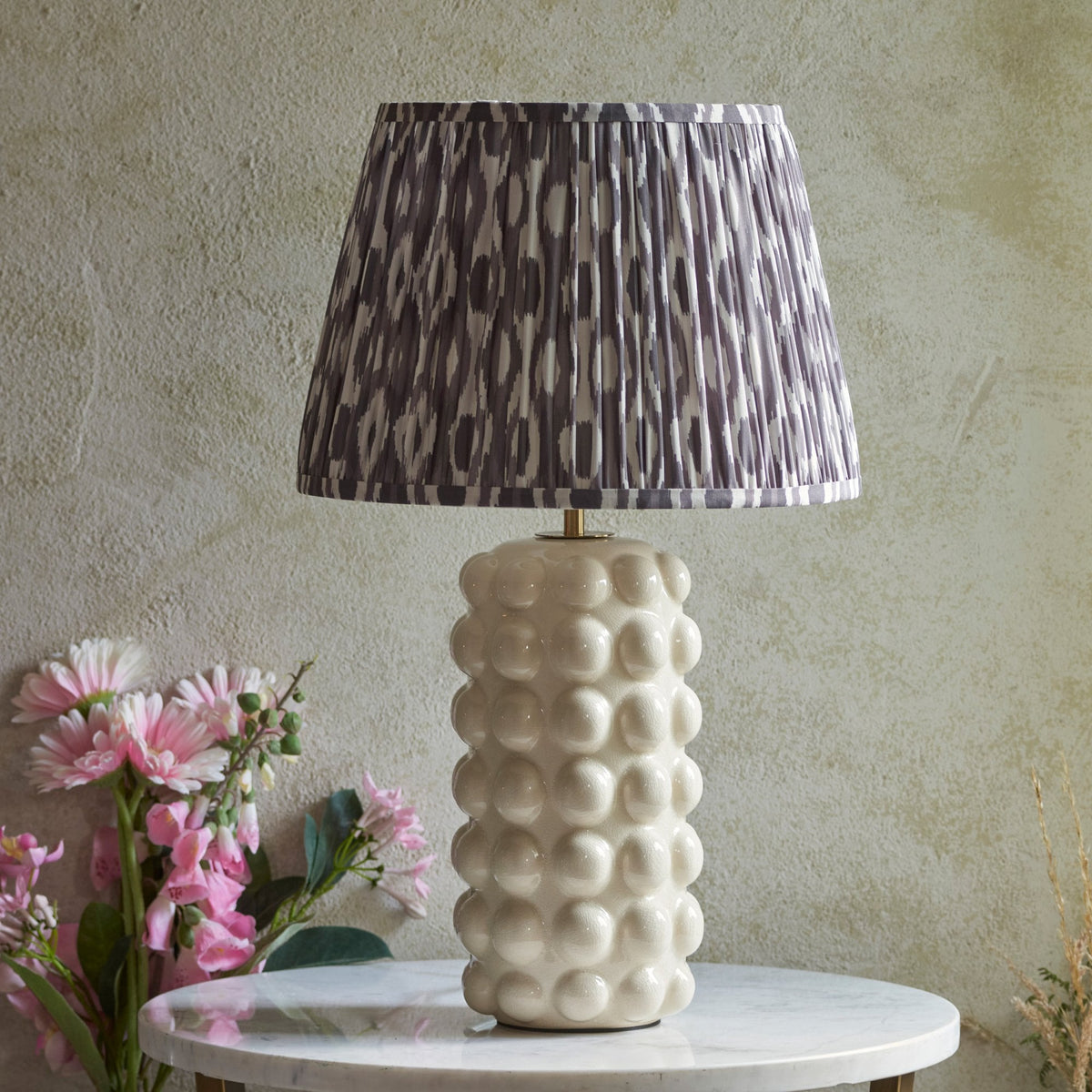 Bobble Ceramic Table Lamp in Gloss White with Ikat 35cm Pearl Grey Shade