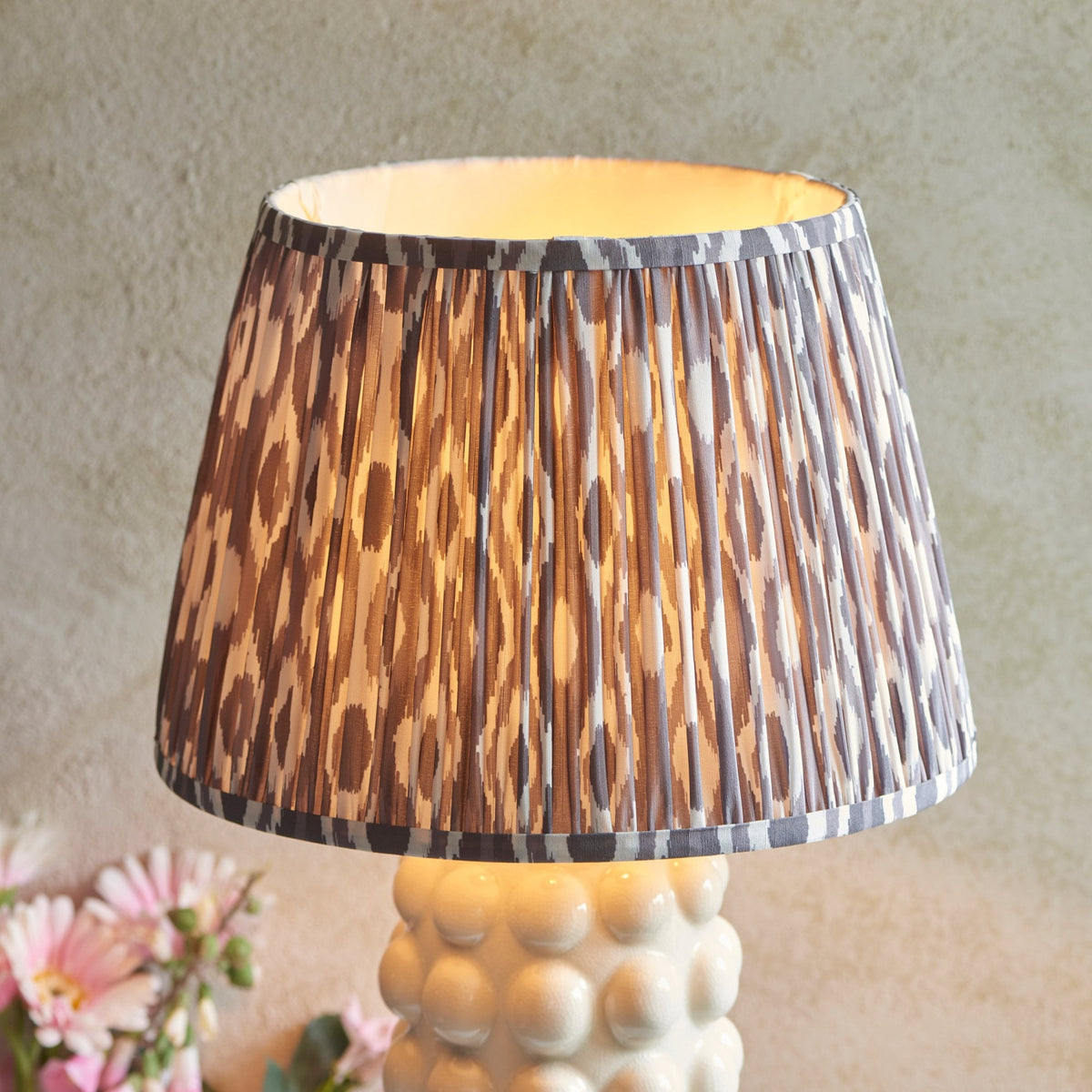 Bobble Ceramic Table Lamp in Gloss White with Ikat 35cm Pearl Grey Shade