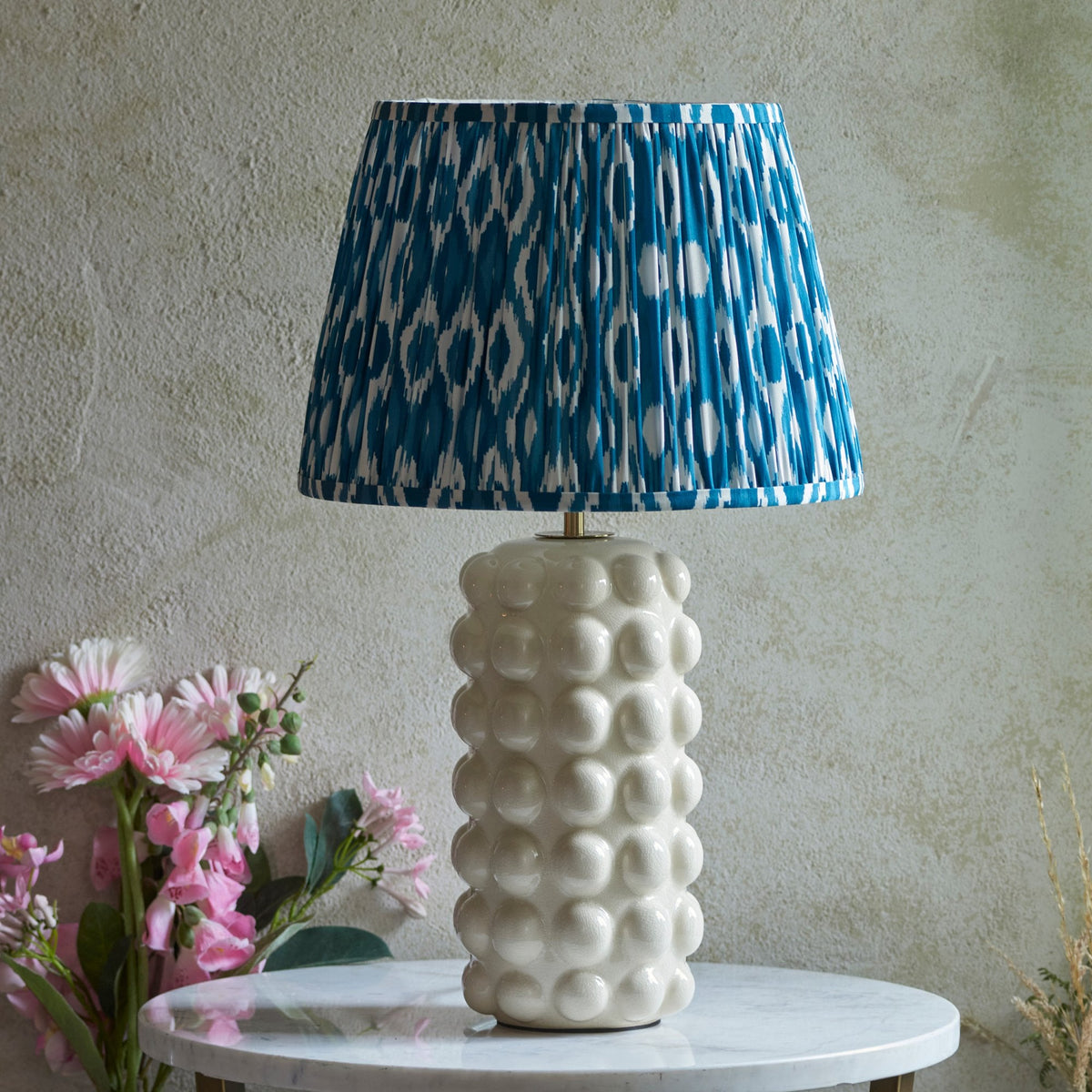 Bobble Ceramic Table Lamp in Gloss White with Ikat 35cm Marlin Blue Shade