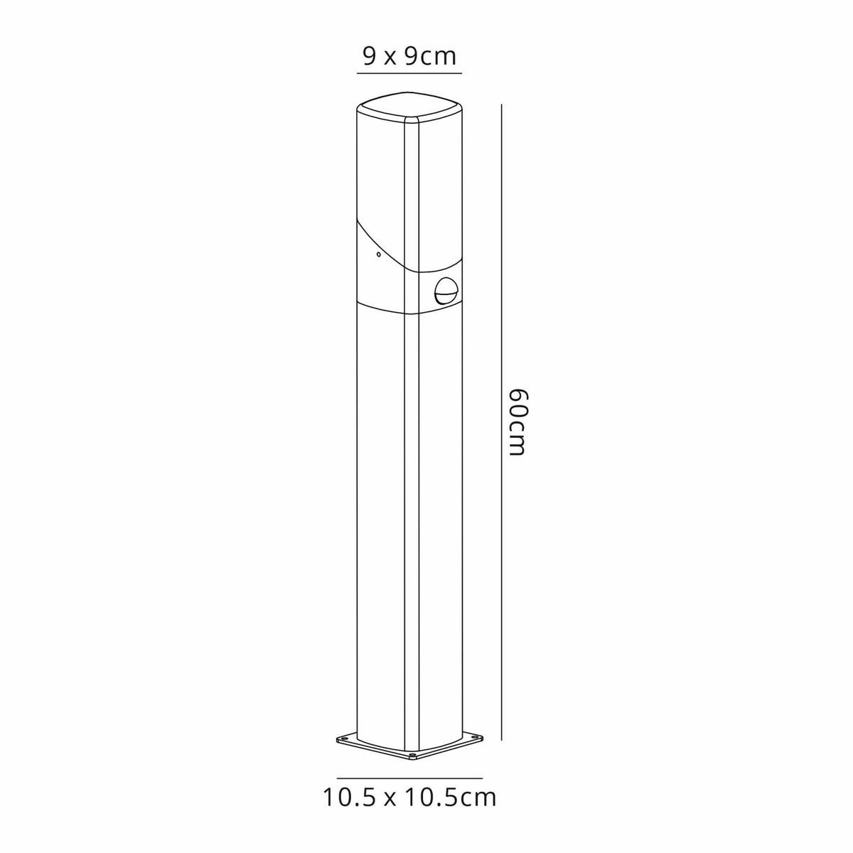 A technical drawing of an outdoor post light with dimensions.