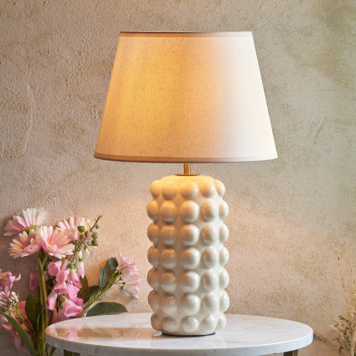 Bobble Ceramic Table Lamp in Gloss White with Ivy 35cm Vintage White Shade
