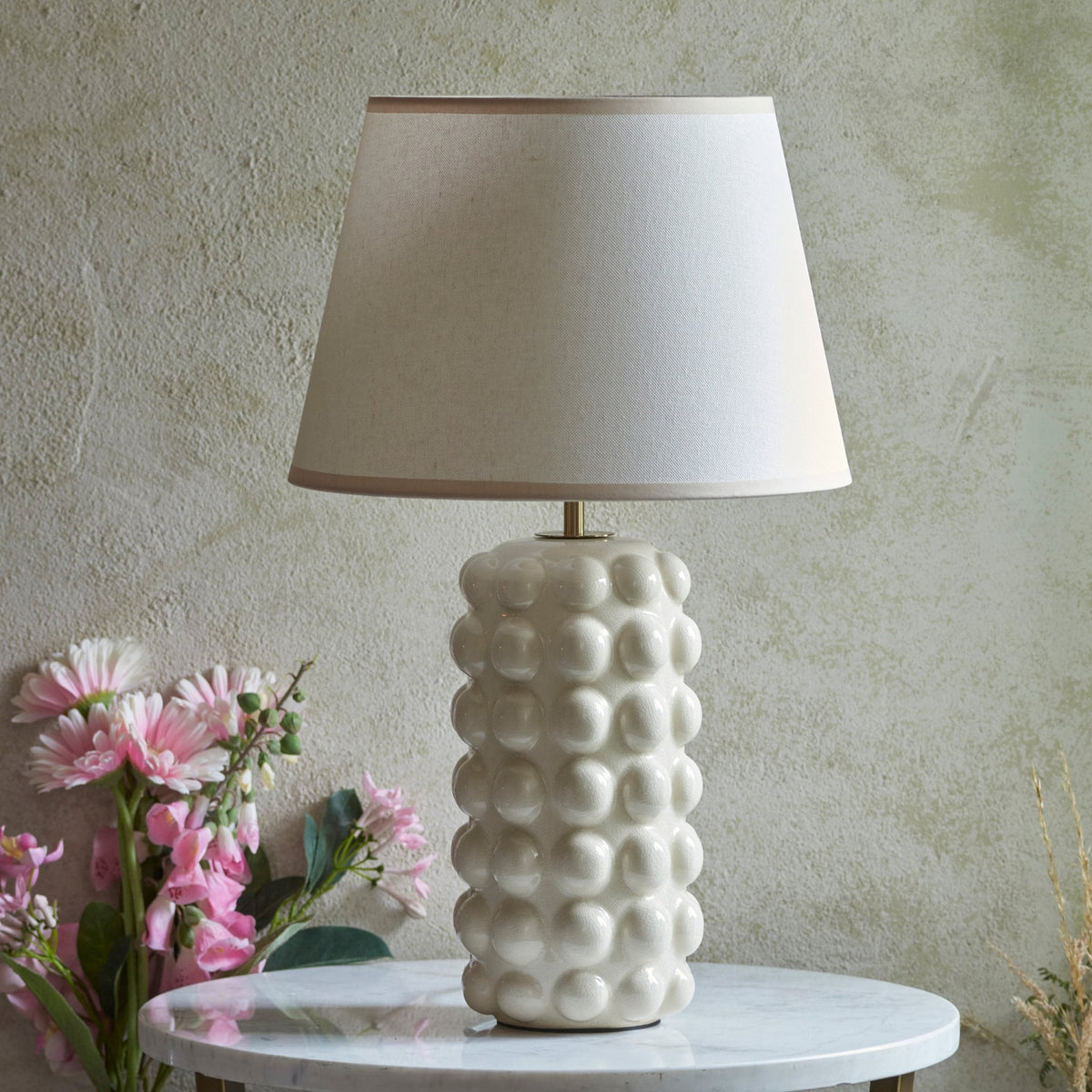 Bobble Ceramic Table Lamp in Gloss White with Ivy 35cm Vintage White Shade