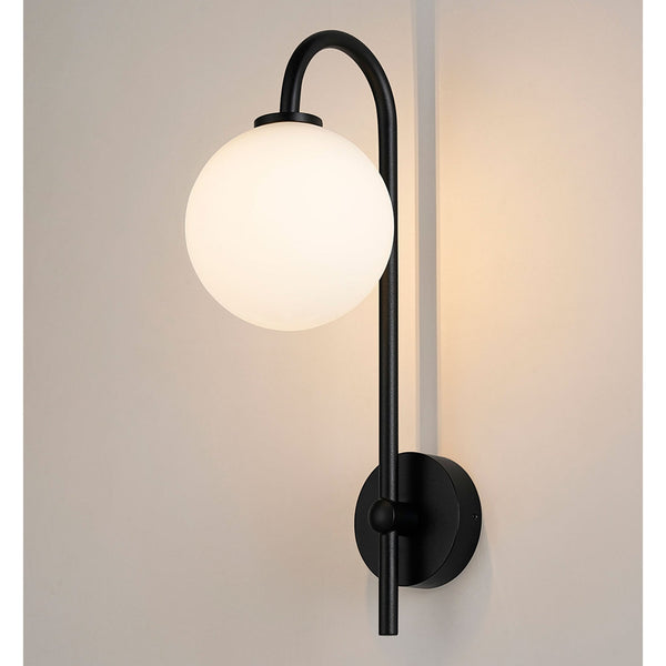 Tenterden Curved Arm IP44 Wall Light in Satin Black with Smooth Round Opal Glass Diffuser