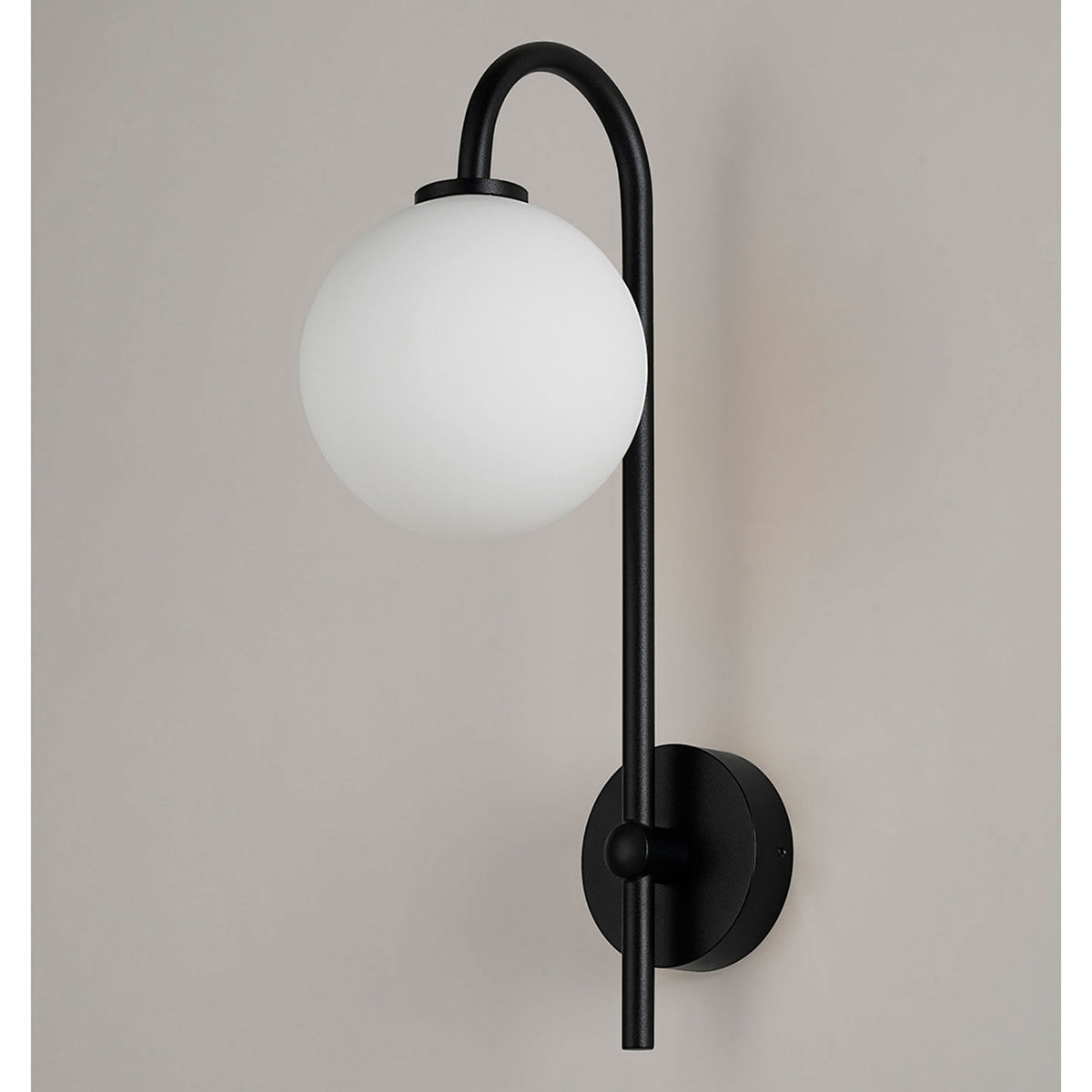 Tenterden Curved Arm IP44 Wall Light in Satin Black with Smooth Round Opal Glass Diffuser