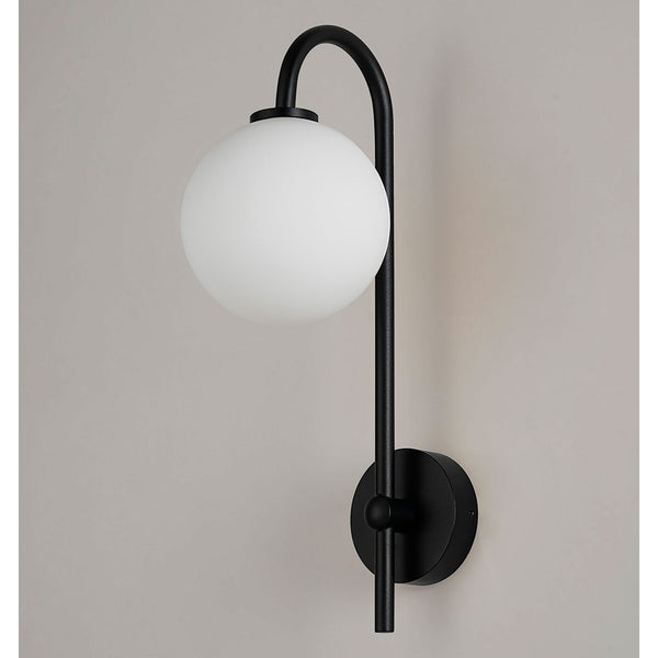 Tenterden Curved Arm IP44 Wall Light in Satin Black with Smooth Round Opal Glass Diffuser