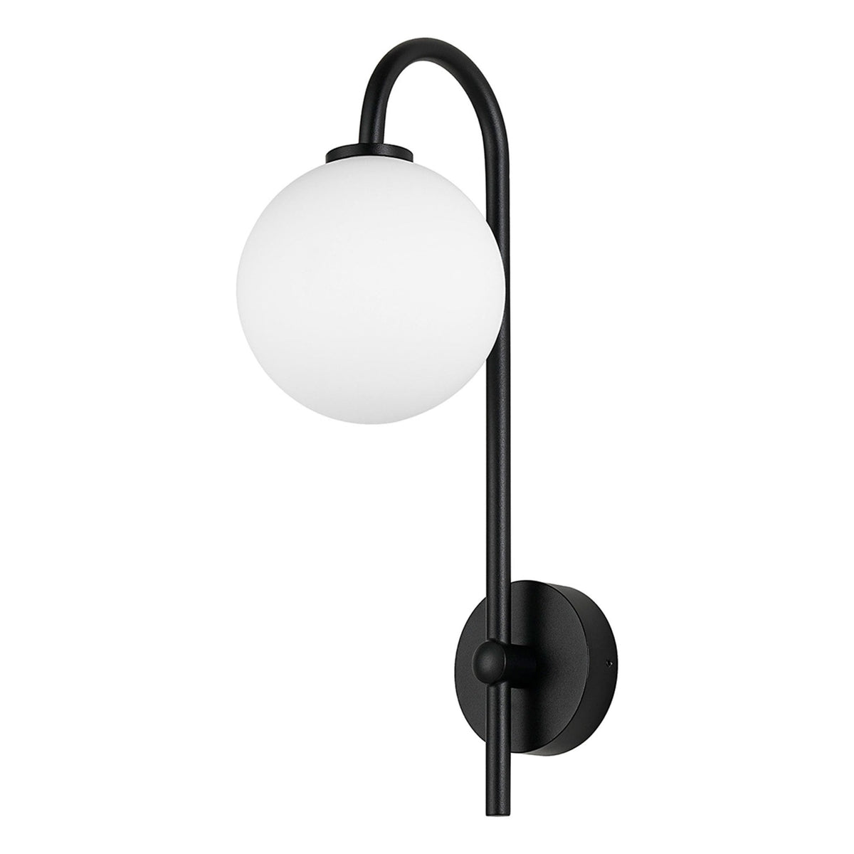 Tenterden Curved Arm IP44 Wall Light in Satin Black with Smooth Round Opal Glass Diffuser