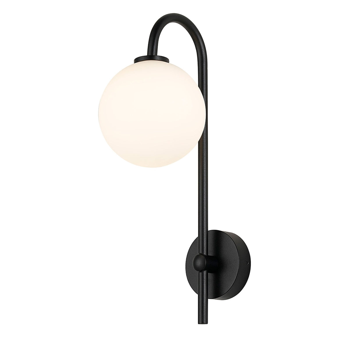 Tenterden Curved Arm IP44 Wall Light in Satin Black with Smooth Round Opal Glass Diffuser