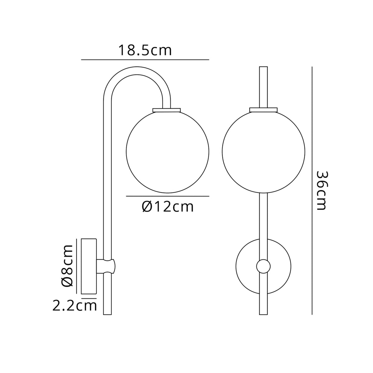 Tenterden Curved Arm IP44 Wall Light in Satin Black with Smooth Round Opal Glass Diffuser