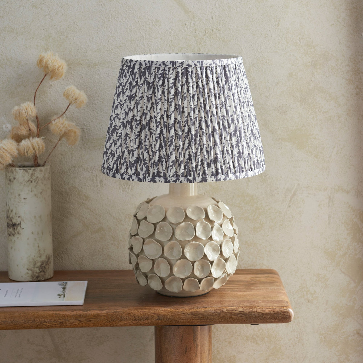 Borello Ceramic Table Lamp in Vintage White with Leaf 35cm Pearl Grey Shade